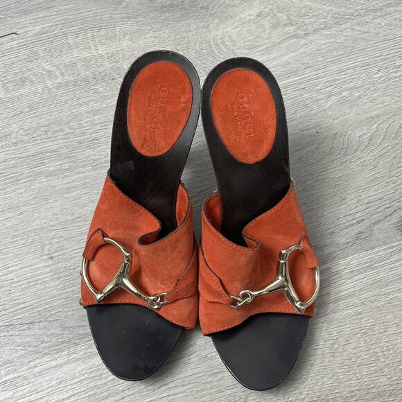 Auth Gucci Platform Horsebit Open-Toe Mules Sandals Orange Size EUR 37.5 - Picture 1 of 5